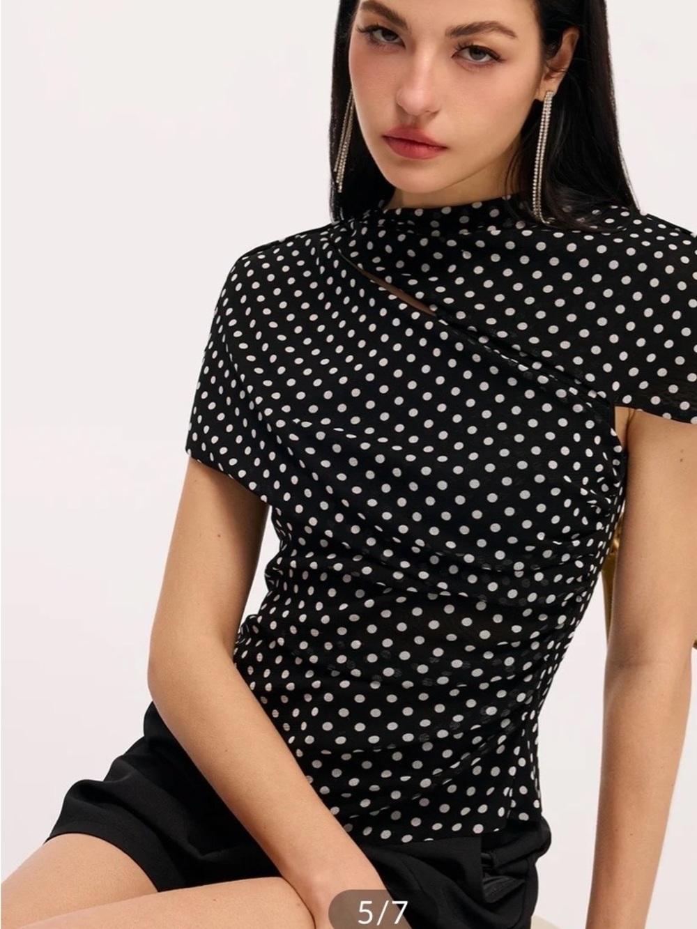 Commense Black Polka Dot Cut-out Ruched Draped Short Sleeve Top - Picture 6 of 7